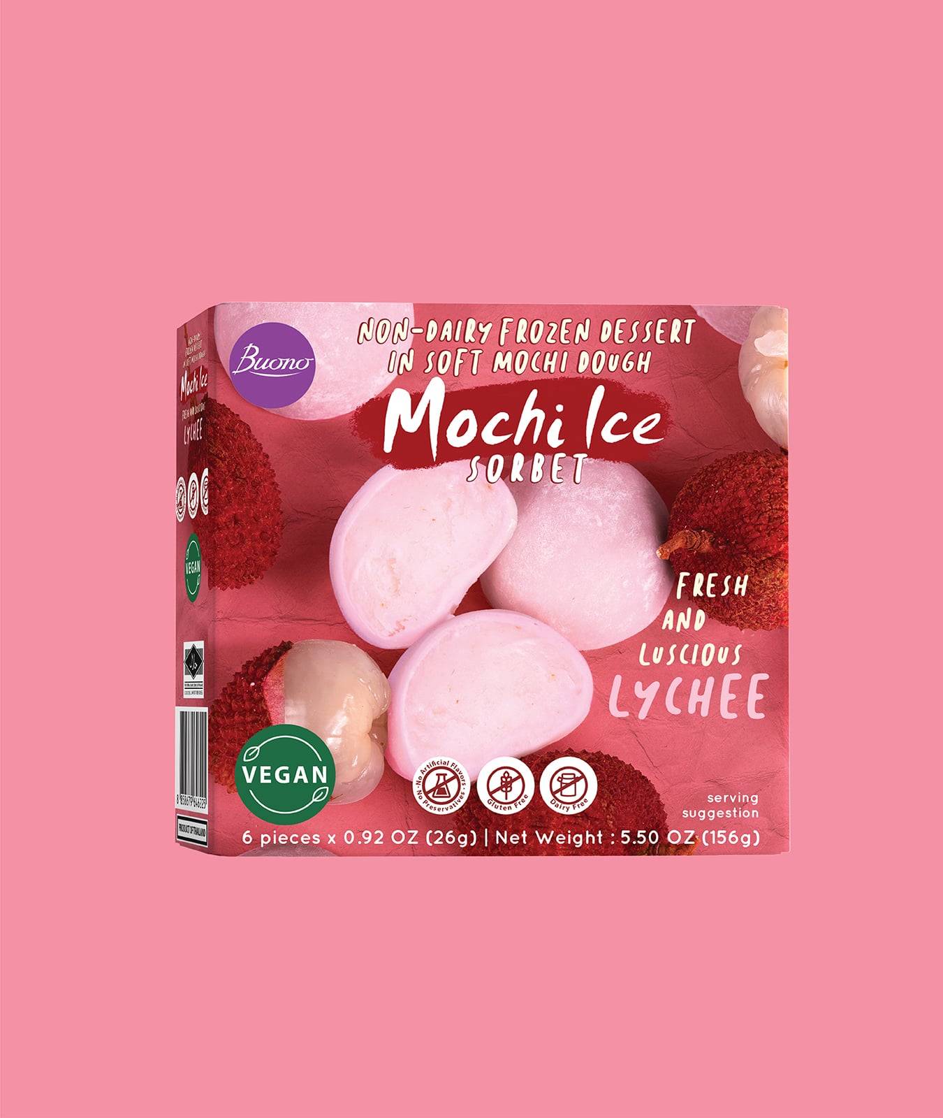 A close-up shot of round, pinkish-white Lychee Mochi Ice Cream pieces served on a wooden plate, with fresh lychee fruits in the background.