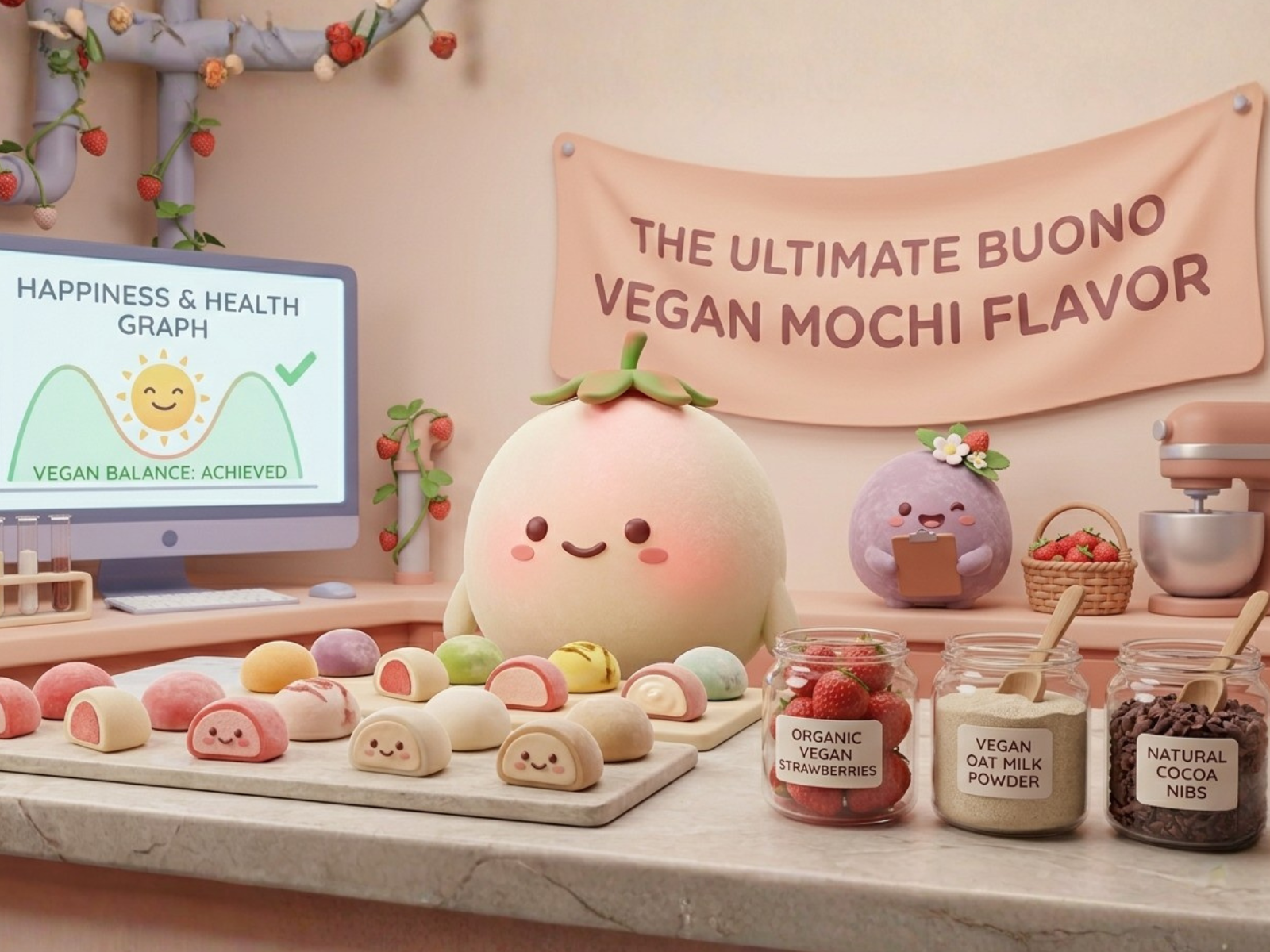 Nahaufnahme von Buonos veganen Mochi-Eis-Sorten wie Mango und Passionsfrucht mit frischen tropischen Früchten.