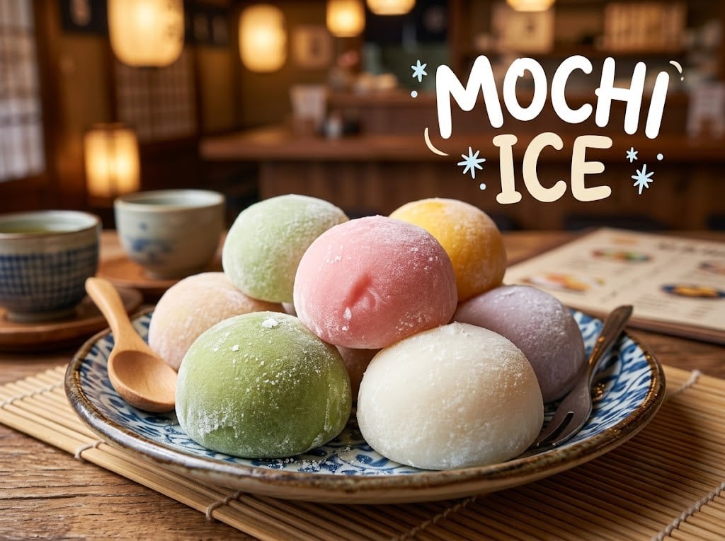 A soft, pillowy mochi cut in half, revealing a rich, warm, oozing dark chocolate lava center