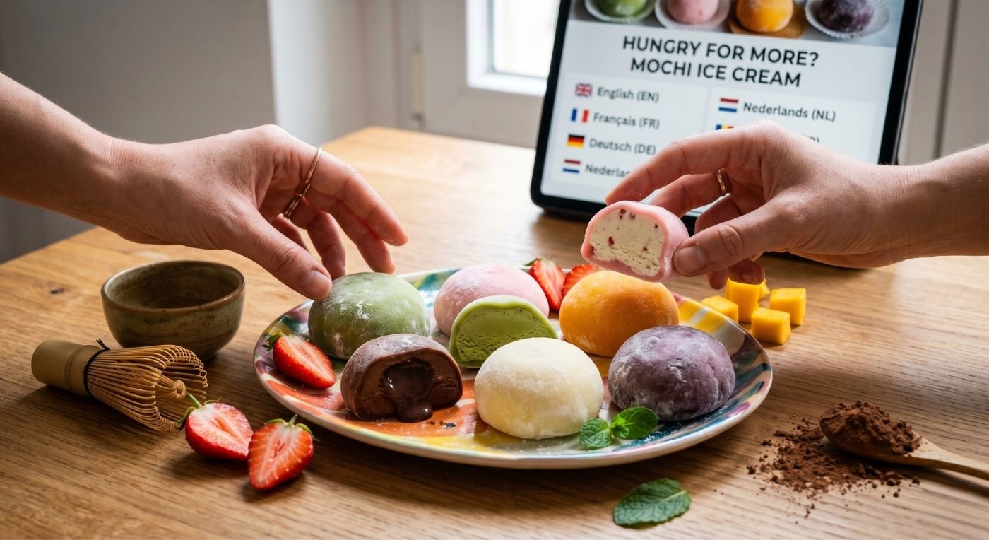 Eine Lifestyle-Aufnahme auf einem Holztisch mit einem bunten Teller voller verschiedener Mochi-Eissorten wie Grüner Tee, Schokoladen-Lava und Mango. Eine Hand greift nach einem halbierten rosa Erdbeer-Mochi-Eis, das das cremige Innere mit Fruchtstücken zeigt. Im Hintergrund zeigt ein Tablet einen Blog-Entwurf mit dem Titel „HUNGRY FOR MORE? MOCHI ICE CREAM“ und Sprachoptionen.