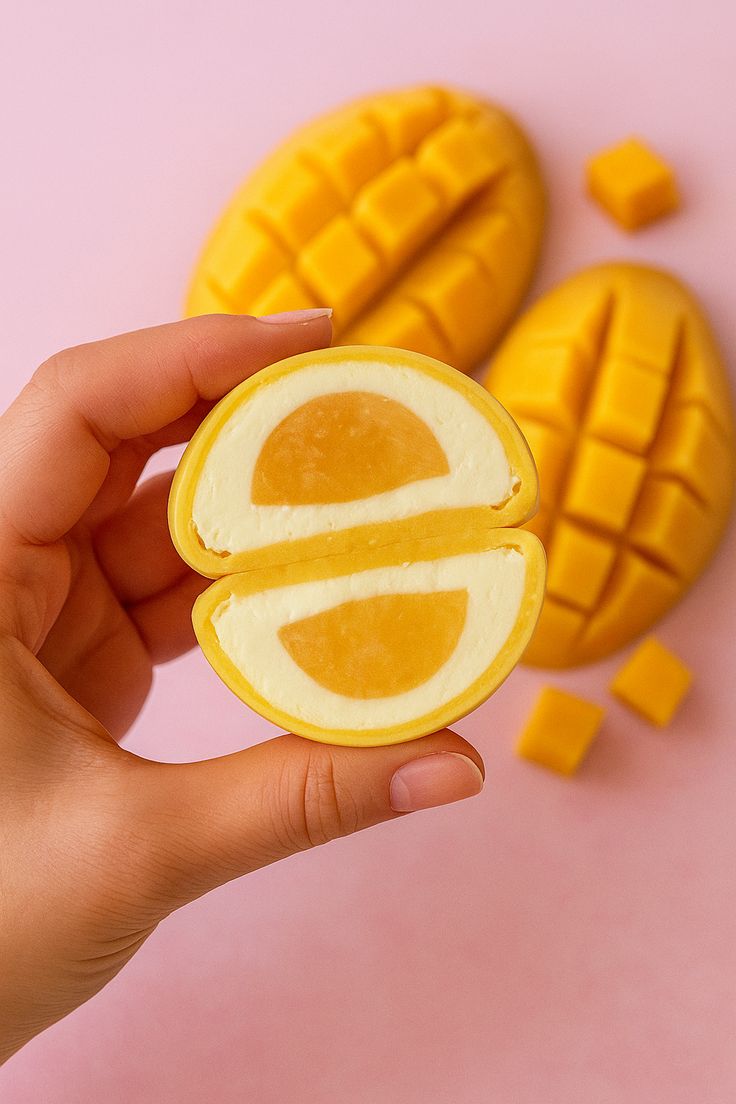A close-up of vibrant mango mochi ice cream bites cut in half, revealing creamy yellow vegan coconut milk ice cream wrapped in soft Japanese sweet rice dough.