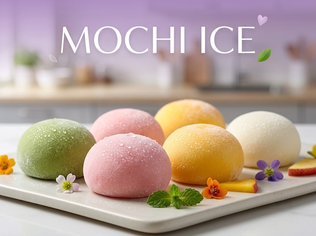 A colorful assortment of round mochi ice cream balls, lightly dusted with flour, arranged neatly on a wooden platter with a fresh mint garnish.