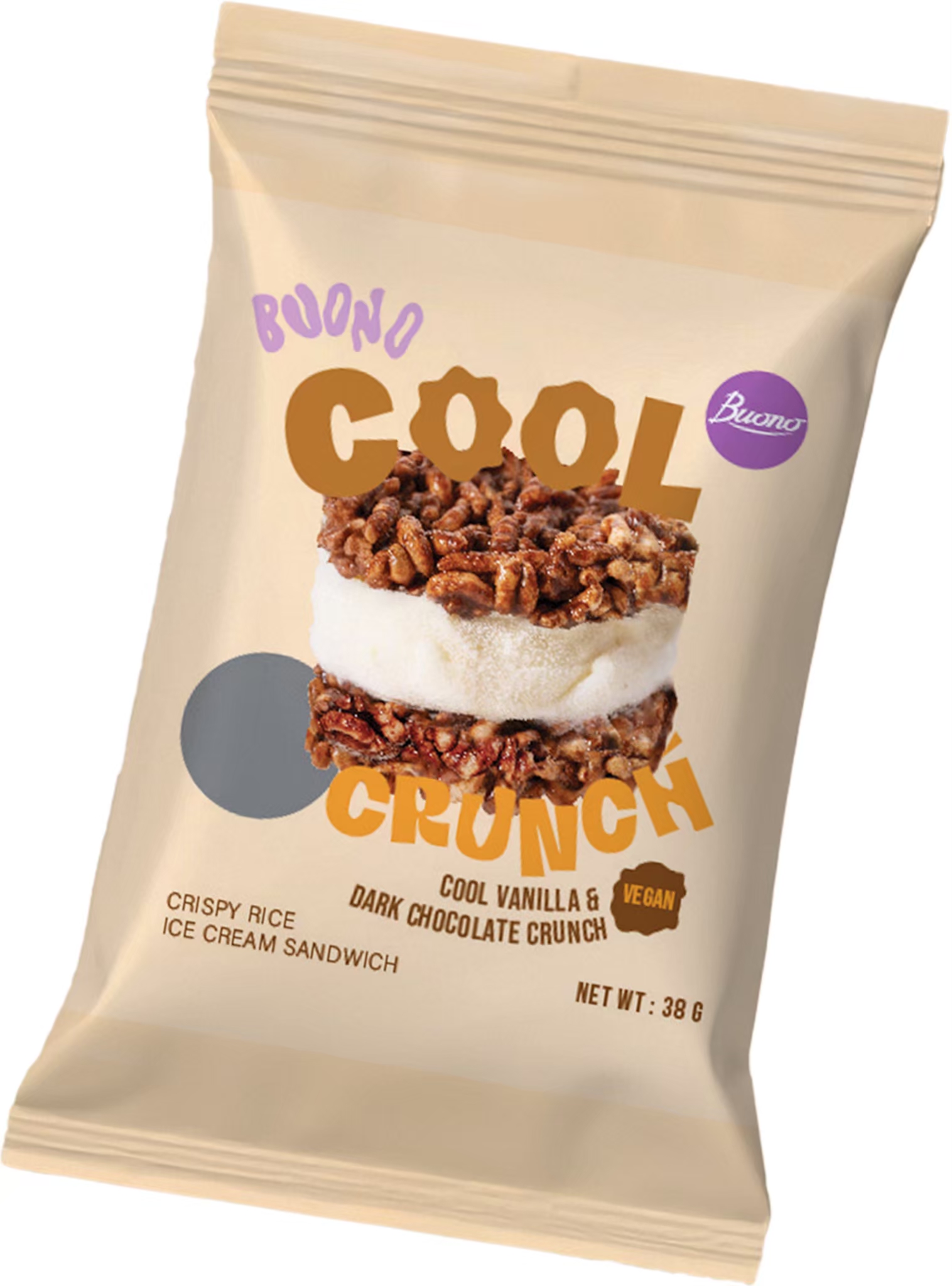 Buono Cool Crunch sachet vanilla flavor, a plant-based dessert with smooth vanilla non-dairy ice cream and crunchy dark chocolate rice crackers.