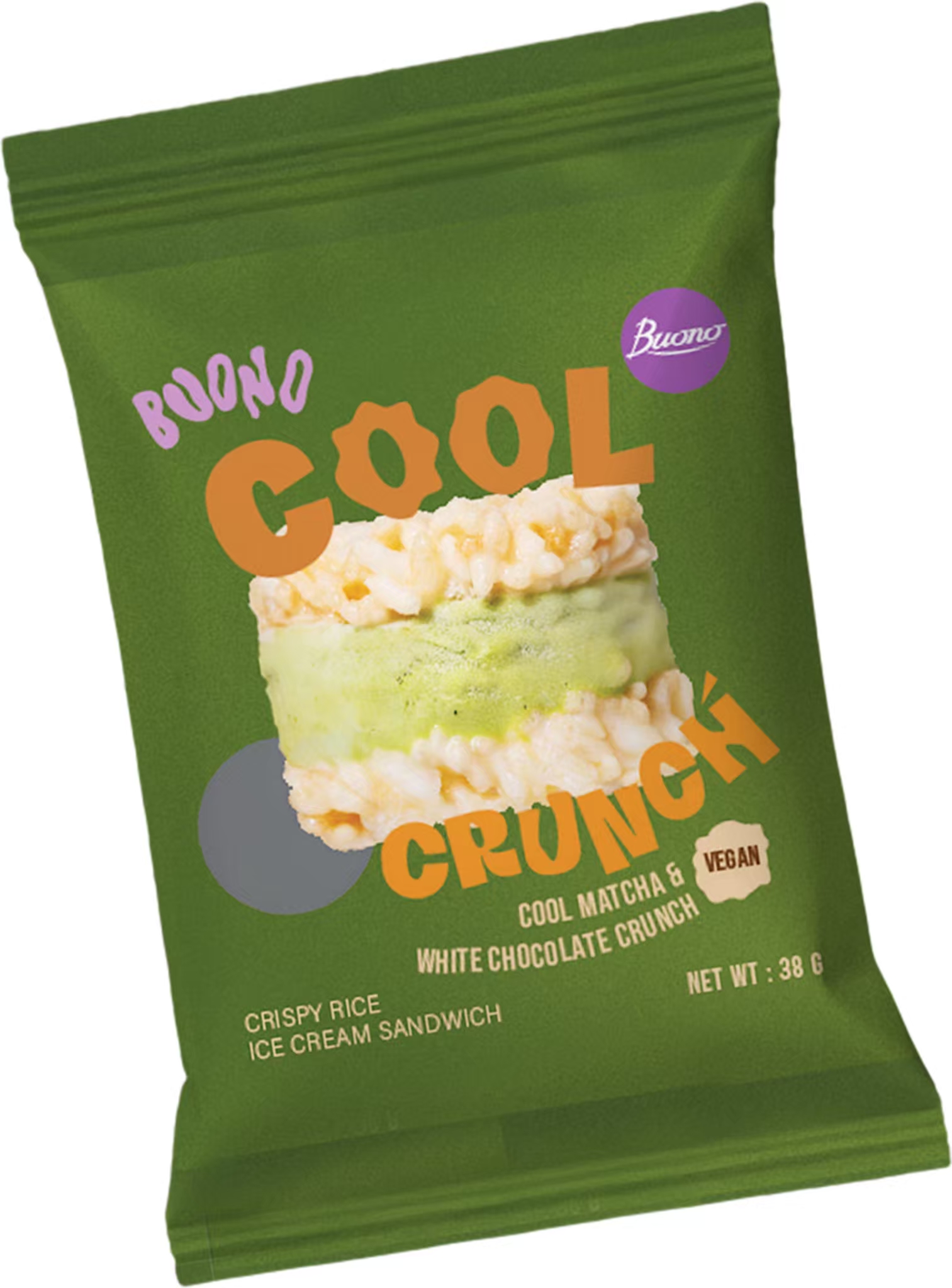 Buono Cool Crunch sachet matcha flavor, featuring premium green tea non-dairy ice cream sandwiched between crispy white chocolate rice crackers.