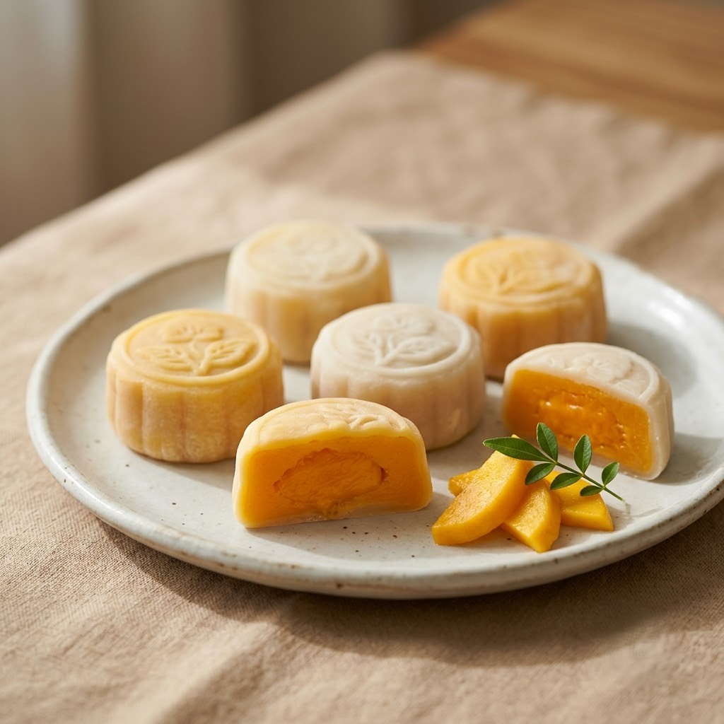 Mango Mochi Ice Cut in Half Revealing Creamy Tropical Frozen Filling