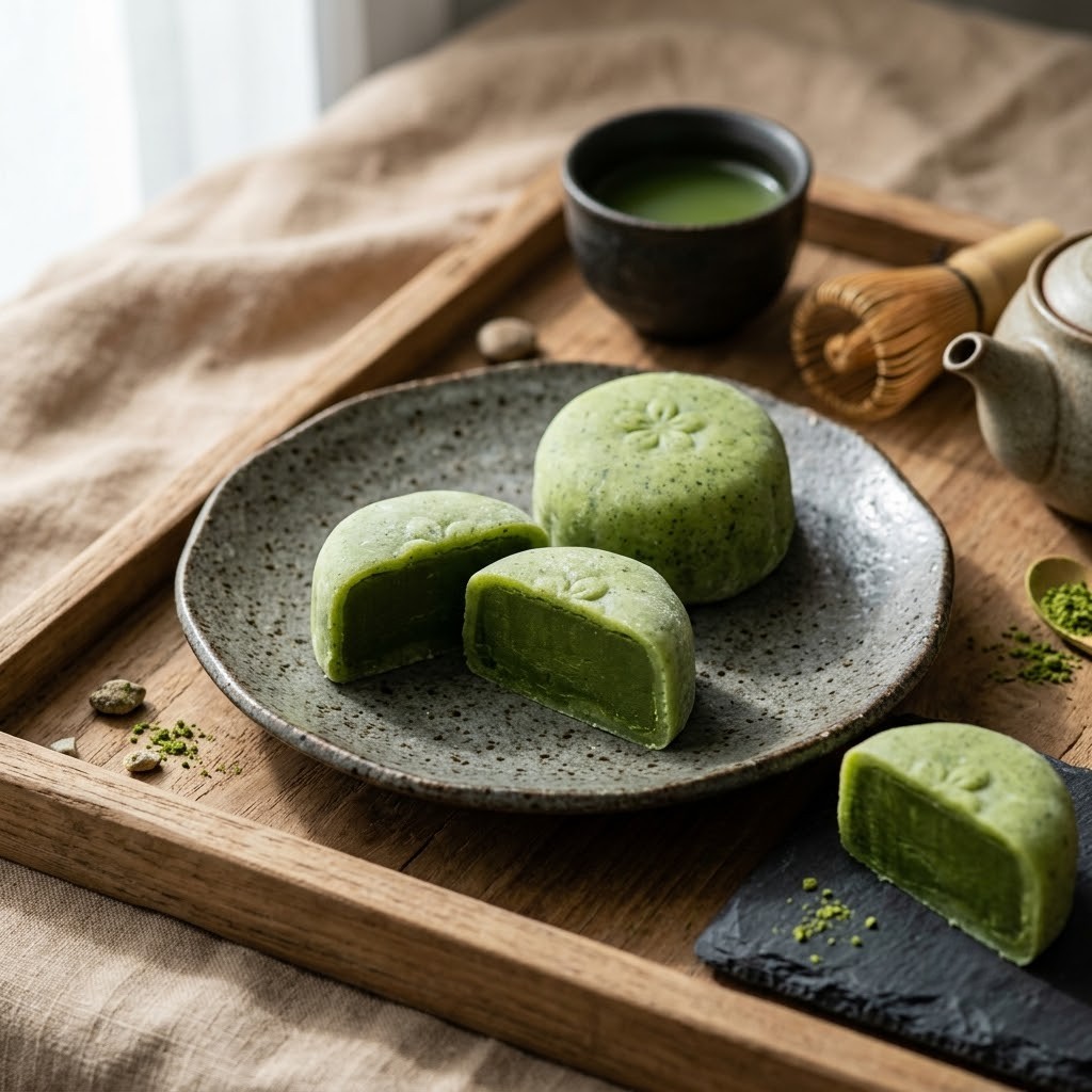 Green Tea Mochi Ice Top View – Smooth Pale Green Mochi Surface