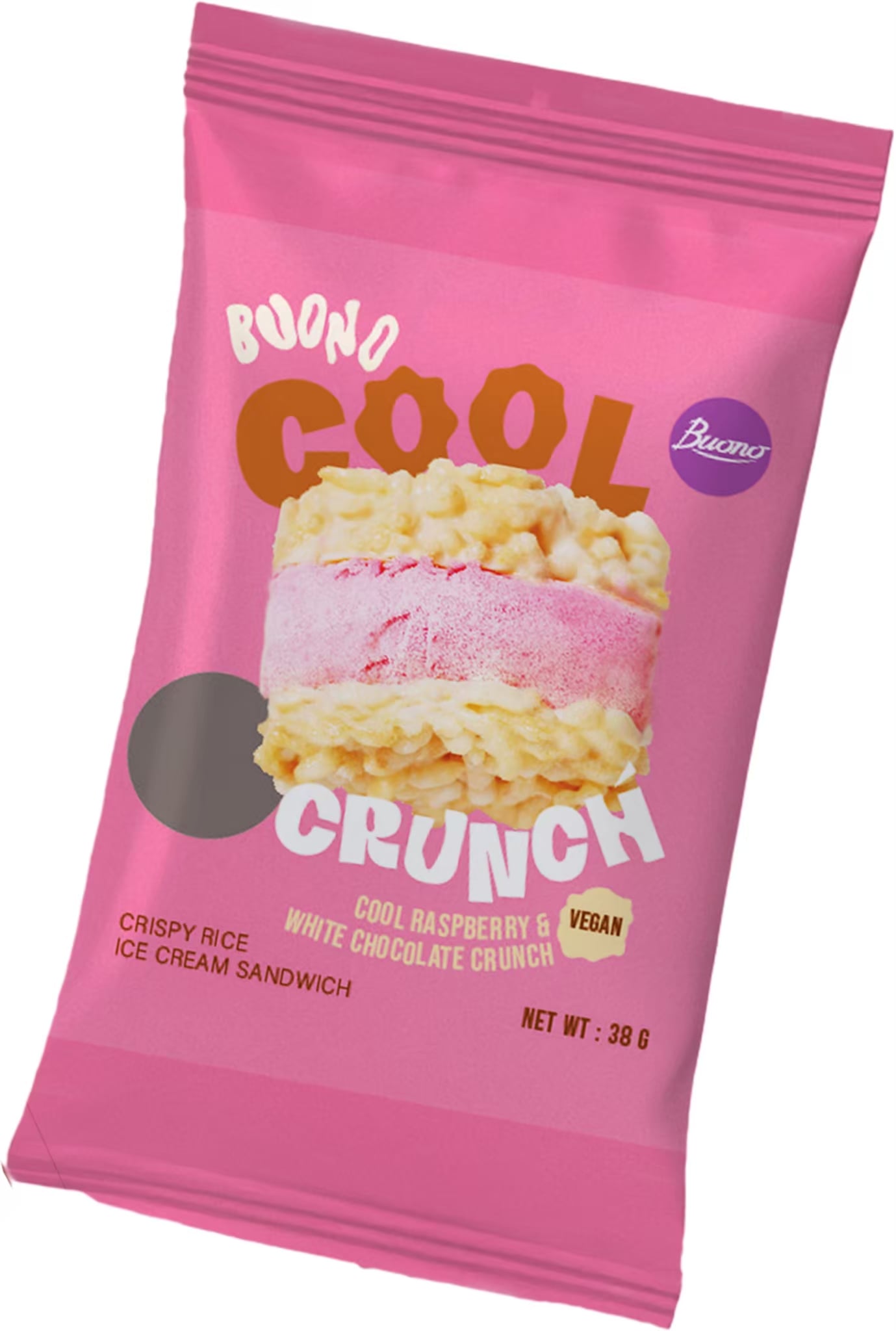 Buono Cool Crunch sachet raspberry flavor, showing refreshing raspberry sorbet style ice cream with crispy white chocolate rice crackers.